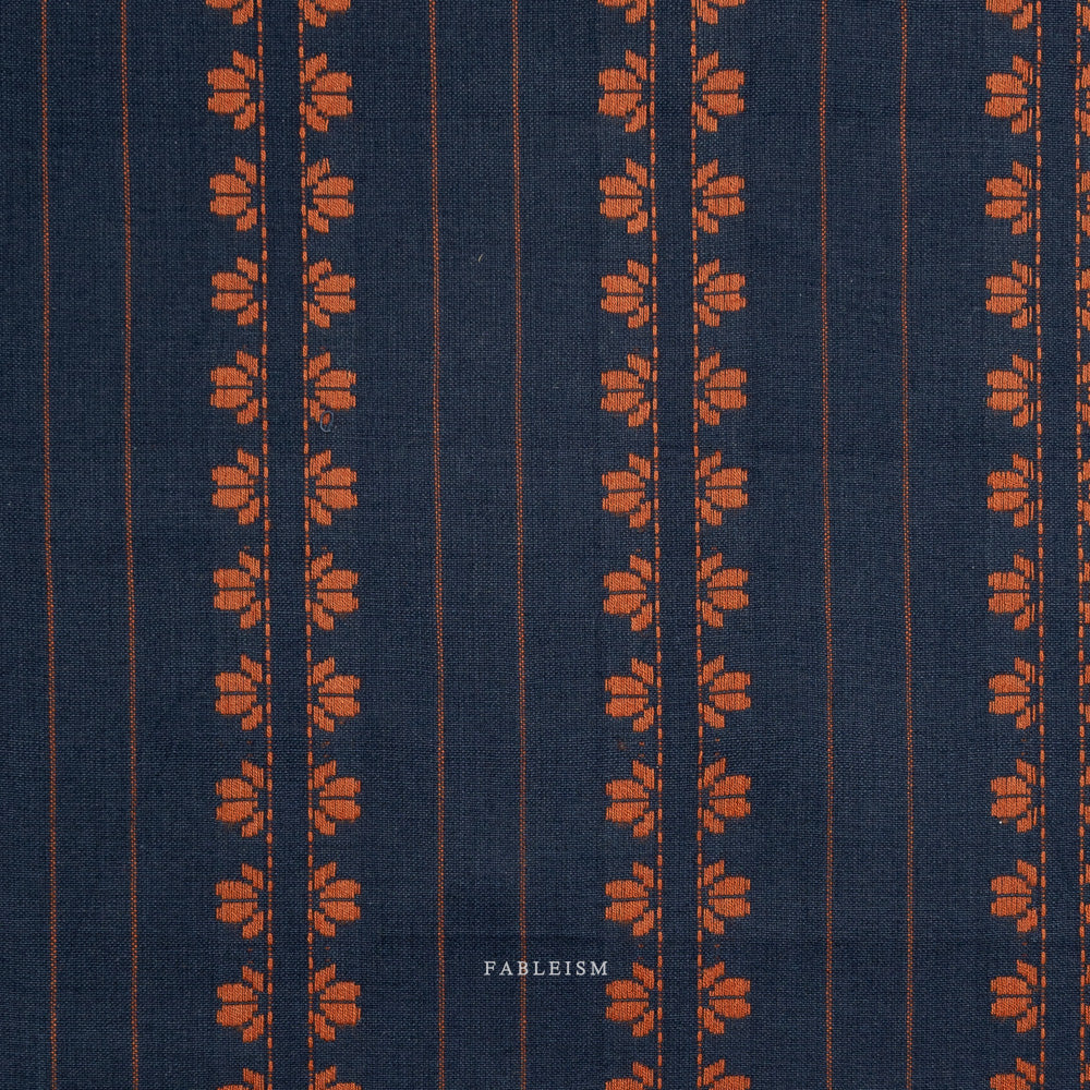 Fableism Fine and Dandy – Deco Stripe in Navy/Spice Cotton Woven Fabric