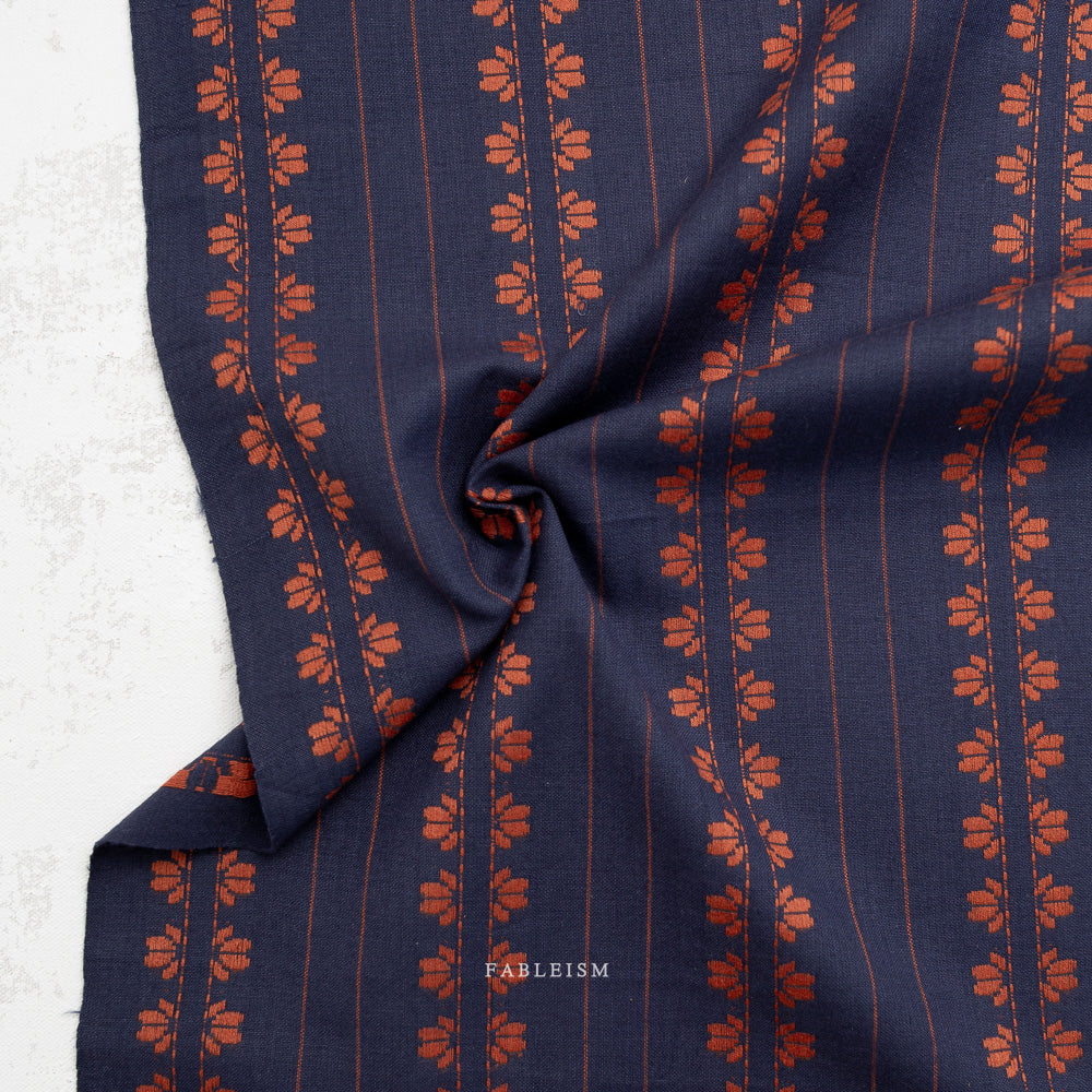 Fableism Fine and Dandy – Deco Stripe in Navy/Spice Cotton Woven Fabric