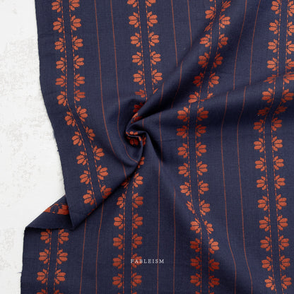 Fableism Fine and Dandy – Deco Stripe in Navy/Spice Cotton Woven Fabric