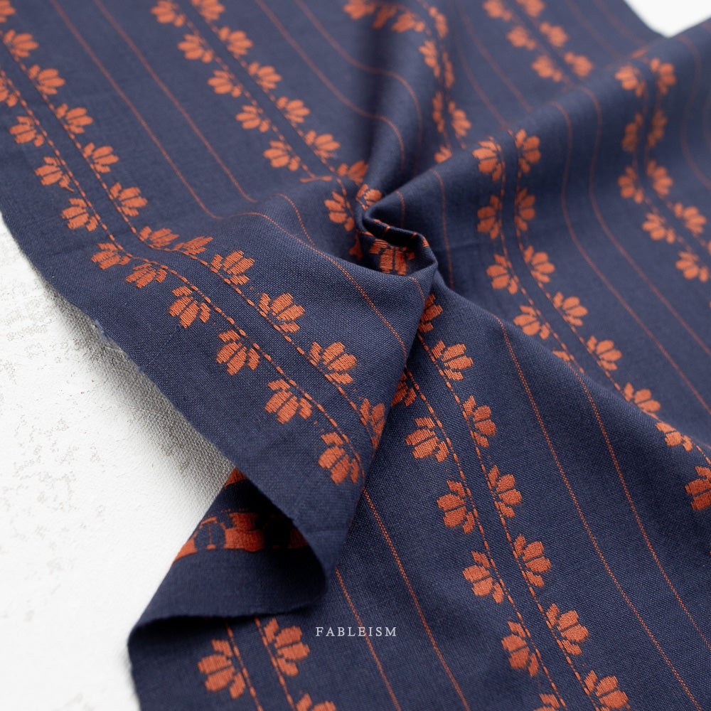 Fableism Fine and Dandy – Deco Stripe in Navy/Spice Cotton Woven Fabric